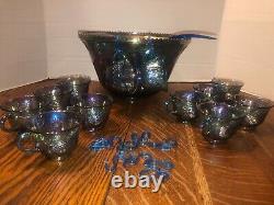 Vtg INDIANA Iridescent Blue Carnival Glass Princess Punch Bowl 12Cups/Hooks 1297