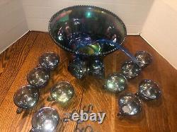 Vtg INDIANA Iridescent Blue Carnival Glass Princess Punch Bowl 12Cups/Hooks 1297