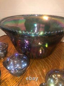 Vtg INDIANA Iridescent Blue Carnival Glass Princess Punch Bowl 12Cups/Hooks 1297