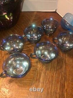 Vtg INDIANA Iridescent Blue Carnival Glass Princess Punch Bowl 12Cups/Hooks 1297