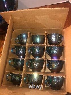 Vtg INDIANA Iridescent Blue Carnival Glass Princess Punch Bowl 12Cups/Hooks 1297