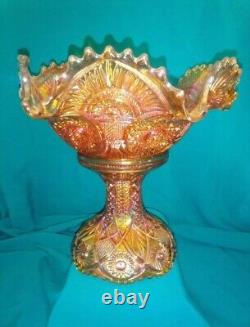 Vtg Imperial Marigold Carnival Glass Punch Bowl/ Stand Twins Hobstar And Arches