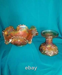 Vtg Imperial Marigold Carnival Glass Punch Bowl/ Stand Twins Hobstar And Arches