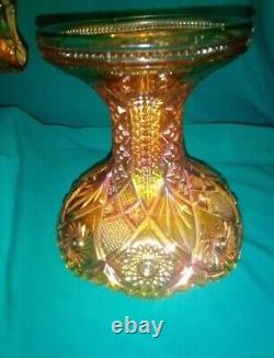 Vtg Imperial Marigold Carnival Glass Punch Bowl/ Stand Twins Hobstar And Arches