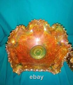 Vtg Imperial Marigold Carnival Glass Punch Bowl/ Stand Twins Hobstar And Arches