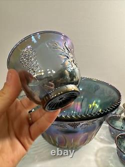 Vtg Indiana Carnival Glass Iridescent Blue Grape Harvest Punch Bowl Set 12 Cups
