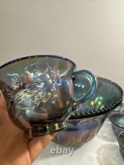 Vtg Indiana Carnival Glass Iridescent Blue Grape Harvest Punch Bowl Set 12 Cups