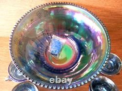 Vtg Indiana Glass Iridescent Grape Bowl with 12 Cups & Hooks VGC Free S/H