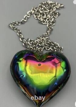 Vtg Iridescent Carnival Glass Lg Heart Pendant Necklace & Bracelet Set