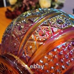 Vtg Iridescent Sunset Carnival Glass Bowl Red/Purple Candlesticks Set Rare
