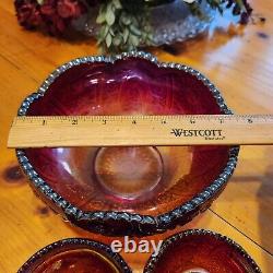 Vtg Iridescent Sunset Carnival Glass Bowl Red/Purple Candlesticks Set Rare