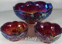 Vtg Iridescent Sunset Carnival Glass Bowl Red/Purple Candlesticks Set Rare Htf