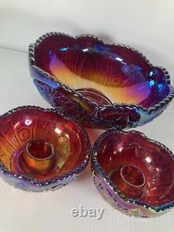 Vtg Iridescent Sunset Carnival Glass Bowl Red/Purple Candlesticks Set Rare Htf