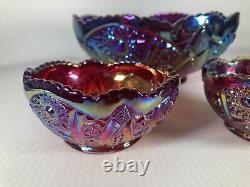 Vtg Iridescent Sunset Carnival Glass Bowl Red/Purple Candlesticks Set Rare Htf