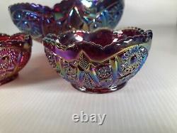 Vtg Iridescent Sunset Carnival Glass Bowl Red/Purple Candlesticks Set Rare Htf