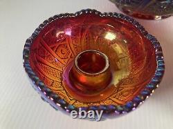 Vtg Iridescent Sunset Carnival Glass Bowl Red/Purple Candlesticks Set Rare Htf