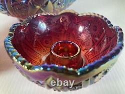 Vtg Iridescent Sunset Carnival Glass Bowl Red/Purple Candlesticks Set Rare Htf