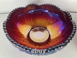 Vtg Iridescent Sunset Carnival Glass Bowl Red/Purple Candlesticks Set Rare Htf