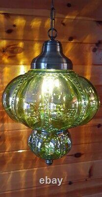 Vtg MCM Retro Iridescent Green Carnival Glass Hanging Swag Light Fixture