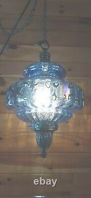 Vtg RARE Retro Iridescent Blue Purple Carnival Glass Swag Light Fixture