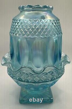 Vtg Westmoreland Wakefield Iridescent Blue Carnival Glass Fairy Candle Lamp
