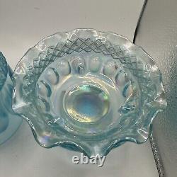 Vtg Westmoreland Wakefield Iridescent Blue Carnival Glass Fairy Candle Lamp