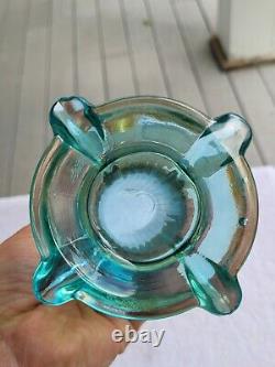 WOW Aqua Opalescent Northwood Carnival Glass Four Pillars Vase Signed Square Top