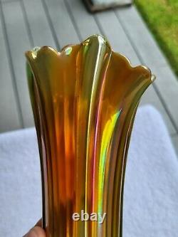 WOW Aqua Opalescent Northwood Carnival Glass Four Pillars Vase Signed Square Top