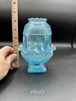 Westmoreland Fairy Lamp, Blue With Iridescent Finish, Carnival Glass